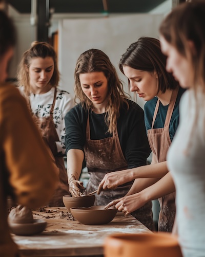 Friends doing pottery workshop